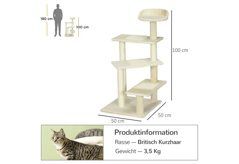 Krabpaal kattenkrabpaal met sisalpalen kattenboom D30-045 de PawHut en Beige – photo produit 3 sur 5