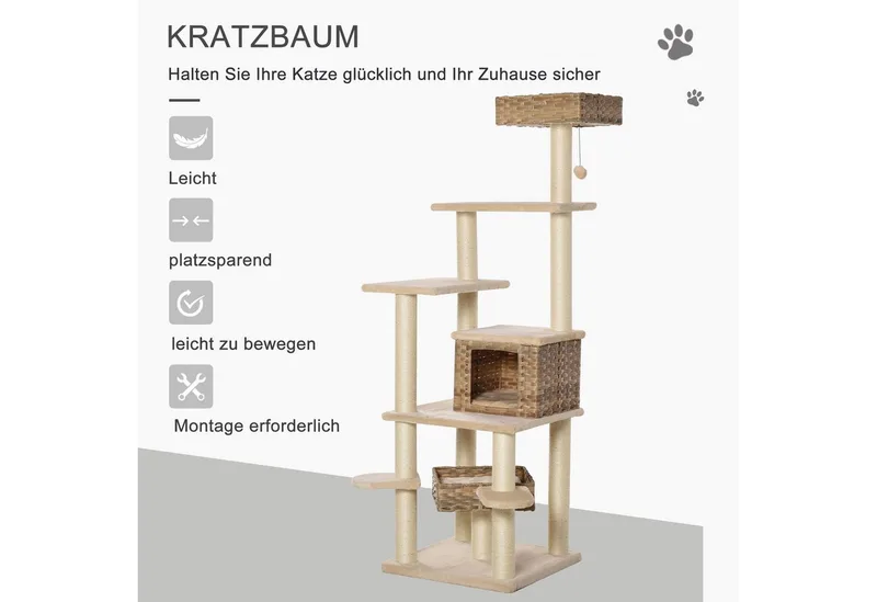 Krabpaal - met Kattengrot - met Meerdere Verdiepingen fra PawHut i Beige – produktbillede 4 af 5