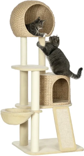 krabpaal - met kattenhuis - met 4 niveaus by PawHut in Beige – product photo 1 of 5