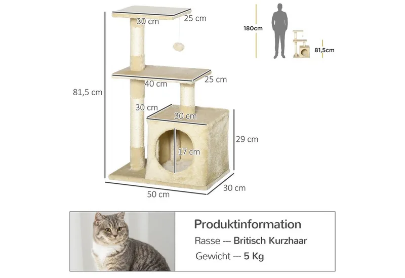 Krabpaal met sisal krabpaal met kattenspeelgoed pluche hoogte 80 cm D30-285 de PawHut en Beige – photo produit 3 sur 5