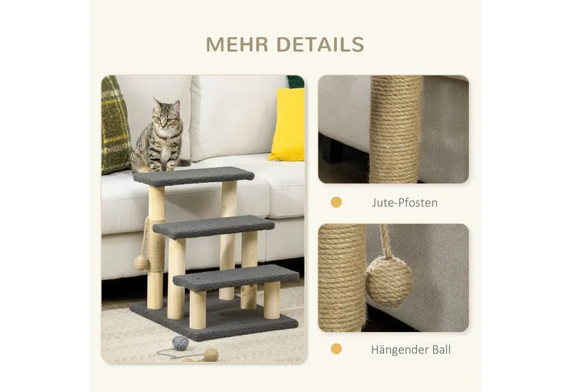 krabpaal met speelbal D30-610V00 de PawHut en Gris, Naturel – photo produit 5 sur 5