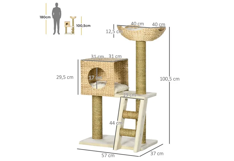 Kratzbaum 100,5 cm Katzenbaum mit Katzenhöhle, Bett, Treppe, Katzenkratzbaum mit Sisal-Kratzsäulen, Kissen, für Katzen bis 4,5 kg, Natur by PawHut in Naturholz – product photo 3 of 5