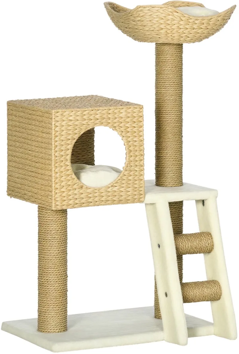 Kratzbaum 100,5 cm Katzenbaum mit Katzenhöhle, Bett, Treppe, Katzenkratzbaum mit Sisal-Kratzsäulen, Kissen, für Katzen bis 4,5 kg, Natur by PawHut in Naturholz – product photo 1 of 5