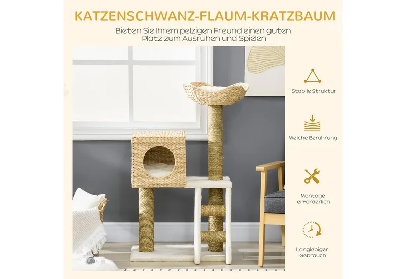 Kratzbaum 100,5 cm Katzenbaum mit Katzenhöhle, Bett, Treppe, Katzenkratzbaum mit Sisal-Kratzsäulen, Kissen, für Katzen bis 4,5 kg, Natur by PawHut in Naturholz – product photo 4 of 5