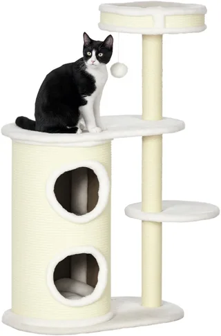 Kratzbaum, 100 cm, Kletterbaum mit Kratztonne, Katzenkratzbaum, Katzenbaum mit Sisalsäule und Spielball, Katzenmöbel mit Kissen, Plüsch by PawHut in Cremeweiß – product photo 1 of 5