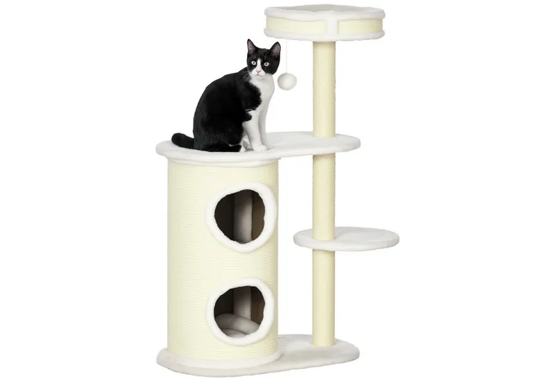 Kratzbaum, 100 cm, Kletterbaum mit Kratztonne, Katzenkratzbaum, Katzenbaum mit Sisalsäule und Spielball, Katzenmöbel mit Kissen, Plüsch by PawHut in Cremeweiß – product photo 2 of 5