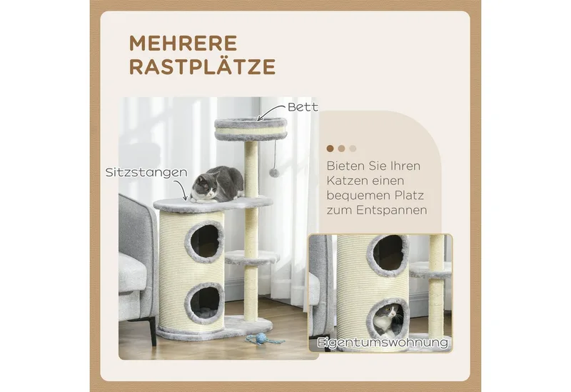 Kratzbaum, 100 cm, Kletterbaum mit Kratztonne, Katzenkratzbaum, Katzenbaum mit Sisalsäule und Spielball, Katzenmöbel mit Kissen, Plüsch by PawHut in Grey – product photo 4 of 5