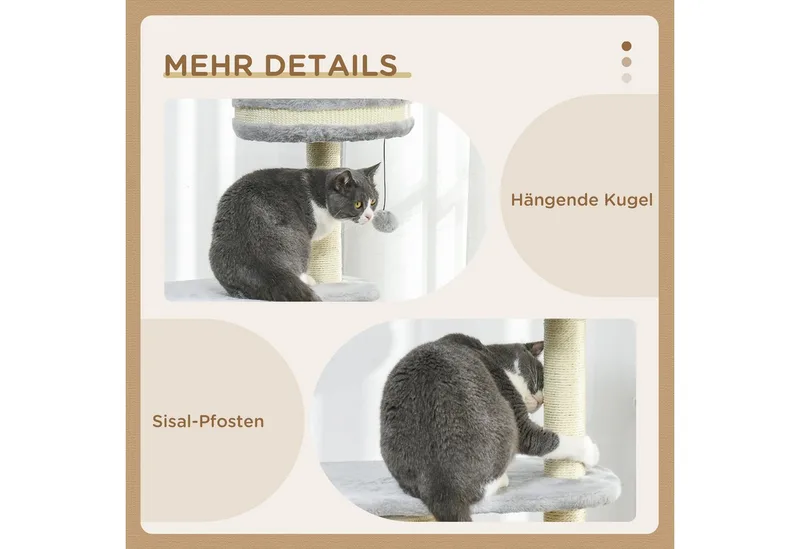 Kratzbaum, 100 cm, Kletterbaum mit Kratztonne, Katzenkratzbaum, Katzenbaum mit Sisalsäule und Spielball, Katzenmöbel mit Kissen, Plüsch by PawHut in Grey – product photo 5 of 5
