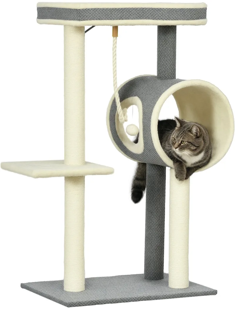 Kratzbaum 104 cm Katzenbaum mit Katzenhöhle, Katzenkratzbaum mit Spielball, Katzenbaum mit 2 Liegeflächen, Kletterbaum für Katzen bis 5 kg, Katzenmöbel, Sisal, Grau fra PawHut i Grau+Beige+Creme – produktbillede