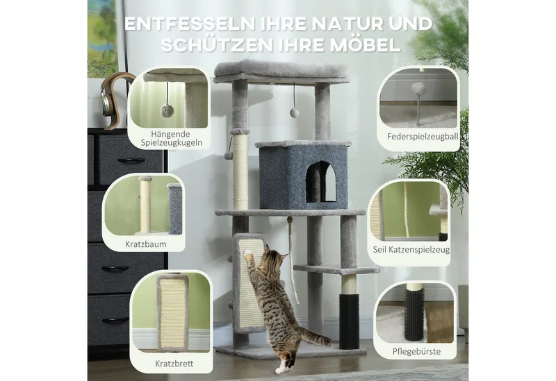 Kratzbaum 132 cm Katzenbaum mit Katzenhöhle, Spielball, Katzenkratzbaum mit Sisal-Kratzsäulen, für Katzen bis 6 kg by PawHut in Light grey – product photo 5 of 5