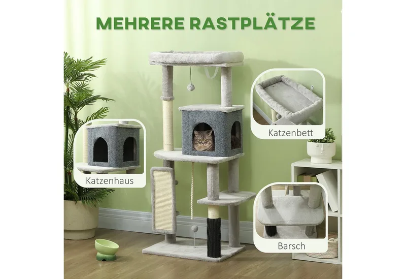 Kratzbaum 132 cm Katzenbaum mit Katzenhöhle, Spielball, Katzenkratzbaum mit Sisal-Kratzsäulen, für Katzen bis 6 kg by PawHut in Light grey – product photo 4 of 5