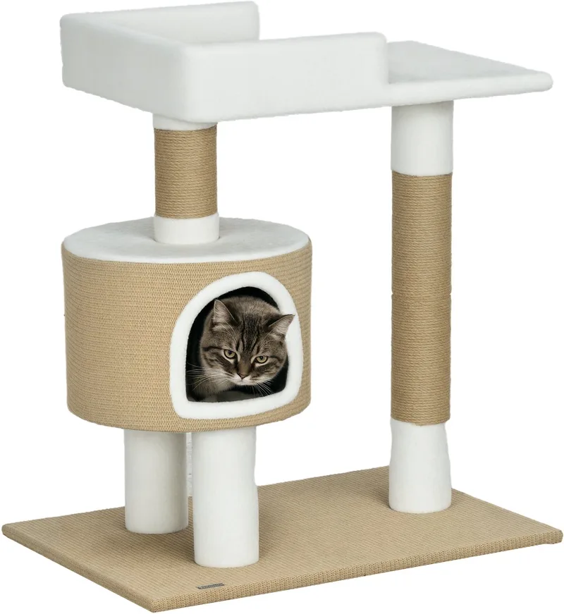 Kratzbaum 79 cm Kleiner Katzenbaum mit Katzenhöhle, Katzenkratzbaum mit Liegefläche, Jute-Kletterbaum für Katzen bis zu 8 kg, Katzenmöbel, Braun, Weiß, Kaschmir-Imitat von PawHut in Braun+Weiß – Produktfoto