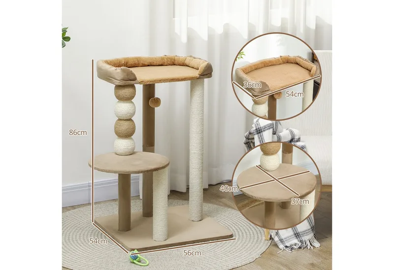 Kratzbaum 86 cm Katzenbaum mit Sprungplattform, Bett, Spielball, Katzenkratzbaum mit Jute-Kratzsäulen, für Katzen bis 7 kg by PawHut in Kaffee – product photo 3 of 5