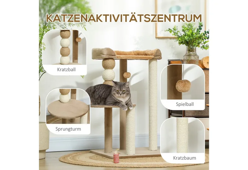 Kratzbaum 86 cm Katzenbaum mit Sprungplattform, Bett, Spielball, Katzenkratzbaum mit Jute-Kratzsäulen, für Katzen bis 7 kg by PawHut in Kaffee – product photo 5 of 5