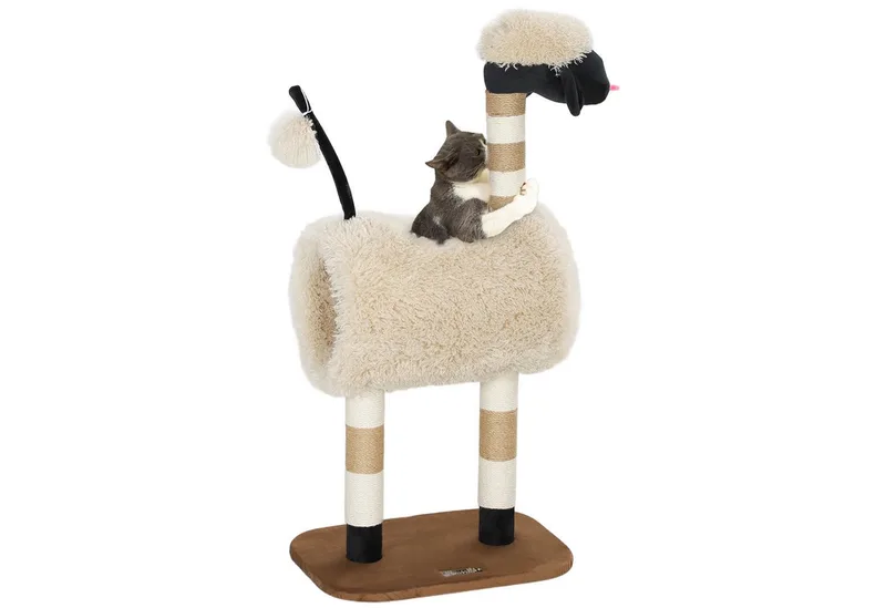 Kratzbaum 98 cm Katzenbaum mit Kratzpfosten, Tunnel, Spielball, Katzenkratzbaum im Schaf-Design, für Katzen bis 5 kg, Hellbraun von PawHut in Braun – Produktfoto 2 von 5