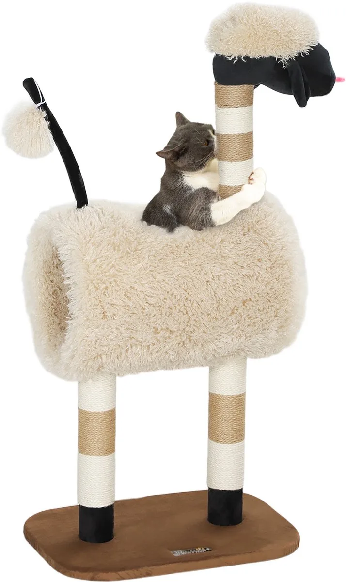 Kratzbaum 98 cm Katzenbaum mit Kratzpfosten, Tunnel, Spielball, Katzenkratzbaum im Schaf-Design, für Katzen bis 5 kg, Hellbraun von PawHut in Braun – Produktfoto 1 von 5
