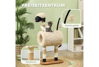 Kratzbaum 98 cm Katzenbaum mit Kratzpfosten, Tunnel, Spielball, Katzenkratzbaum im Schaf-Design, für Katzen bis 5 kg, Hellbraun von PawHut in Braun – Produktfoto 4 von 5