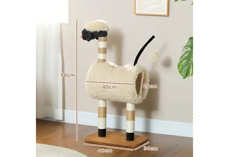 Kratzbaum 98 cm Katzenbaum mit Kratzpfosten, Tunnel, Spielball, Katzenkratzbaum im Schaf-Design, für Katzen bis 5 kg, Hellbraun von PawHut in Braun – Produktfoto 3 von 5