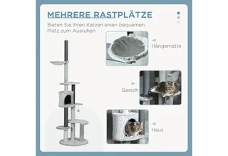 Kratzbaum Deckenhoch, Katzenbaum, 225-255 cm Katzenkratzbaum mit Katzenhöhle, Kratzstämmen, Korb, Spielball, Katzenmöbel mit Kippschutz by PawHut in Grey – product photo 5 of 5