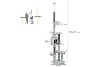 Kratzbaum Deckenhoch, Katzenbaum, 225-255 cm Katzenkratzbaum mit Katzenhöhle, Kratzstämmen, Korb, Spielball, Katzenmöbel mit Kippschutz by PawHut in Grey – product photo 3 of 5