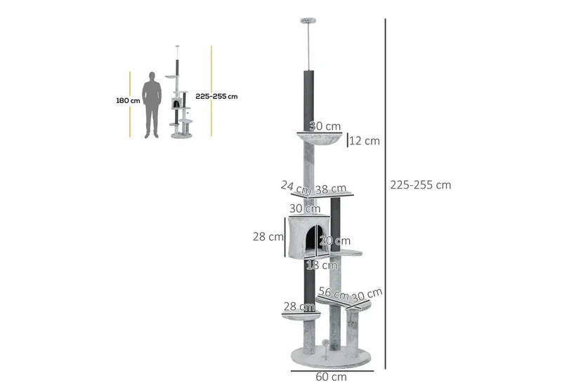 Kratzbaum Deckenhoch, Katzenbaum, 225-255 cm Katzenkratzbaum mit Katzenhöhle, Kratzstämmen, Korb, Spielball, Katzenmöbel mit Kippschutz by PawHut in Grey – product photo 3 of 5
