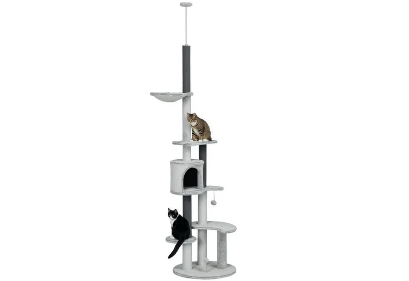 Kratzbaum Deckenhoch, Katzenbaum, 225-255 cm Katzenkratzbaum mit Katzenhöhle, Kratzstämmen, Korb, Spielball, Katzenmöbel mit Kippschutz by PawHut in Grey – product photo 2 of 5