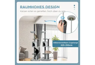 Kratzbaum Deckenhoch, Katzenbaum, 225-255 cm Katzenkratzbaum mit Katzenhöhle, Kratzstämmen, Korb, Spielball, Katzenmöbel mit Kippschutz by PawHut in Grey – product photo 4 of 5