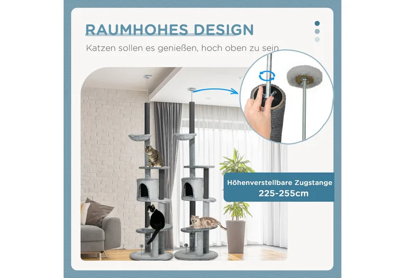 Kratzbaum Deckenhoch, Katzenbaum, 225-255 cm Katzenkratzbaum mit Katzenhöhle, Kratzstämmen, Korb, Spielball, Katzenmöbel mit Kippschutz by PawHut in Grey – product photo 4 of 5