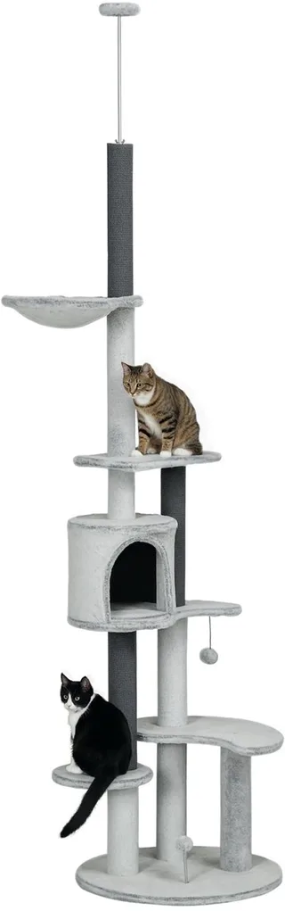 Kratzbaum Deckenhoch, Katzenbaum, 225-255 cm Katzenkratzbaum mit Katzenhöhle, Kratzstämmen, Korb, Spielball, Katzenmöbel mit Kippschutz by PawHut in Grey – product photo 1 of 5