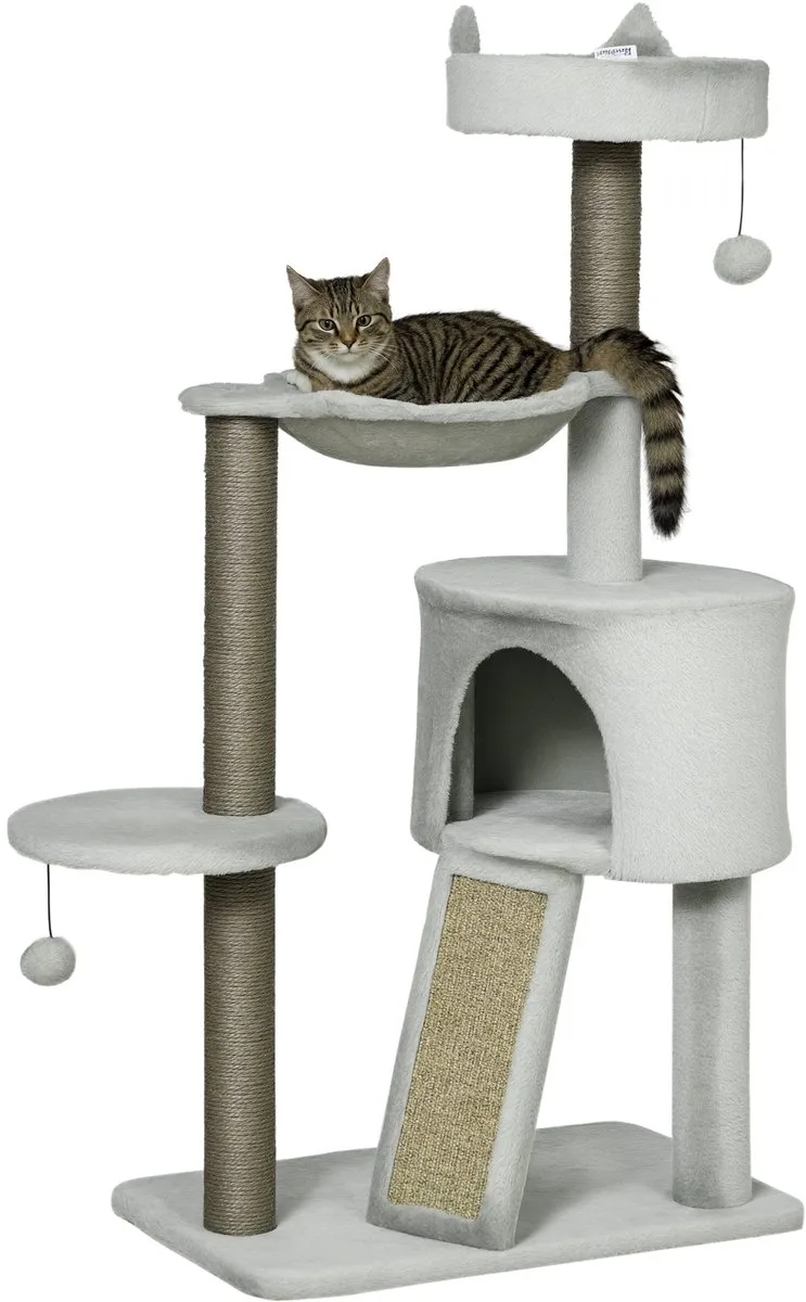 Kratzbaum Katzenkratzbaum mit Sisalsäule Katzenhöhle 113 cm Katzenbaum mit Rampe Spielbaum mit Katzenspielzeug Hängematte by PawHut in Light grey – product photo