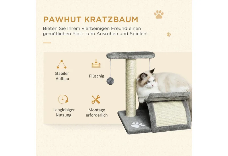 Kratzbaum-Spanplatte, Plüsch, Sisalfaser-L40 x B30 x H43 cm-Hellgrau de PawHut en Gris clair – photo produit 4 sur 5