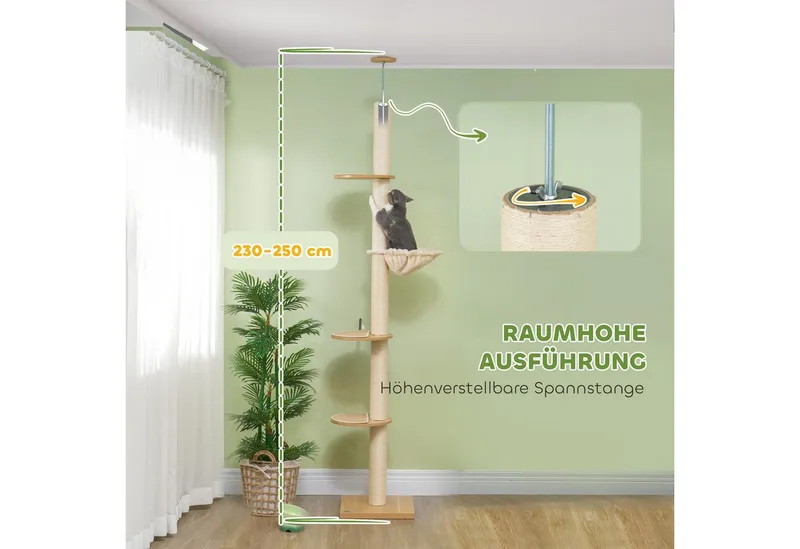 Kratzbaum-Spanplatte, Polyester-40L x 40B x 230-250H cm-Eiche+Cremeweiß von PawHut in Eiche+Cremeweiß – Produktfoto 4 von 5