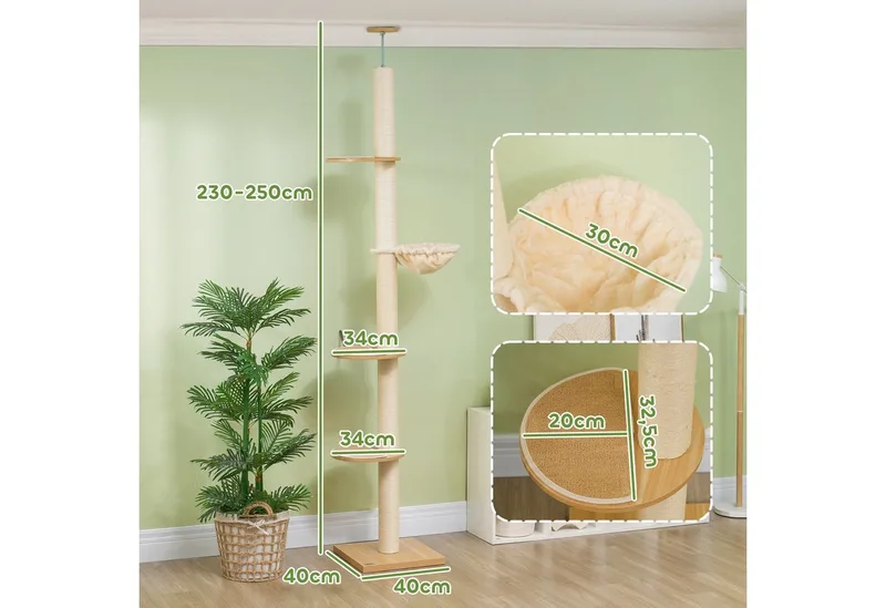 Kratzbaum-Spanplatte, Polyester-40L x 40B x 230-250H cm-Eiche+Cremeweiß von PawHut in Eiche+Cremeweiß – Produktfoto 3 von 5