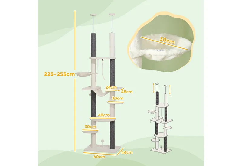 Kratzbaum-Spanplatte, Polyester-60L x 44B x 225-255H cm-Weiß by PawHut in White – product photo 3 of 5