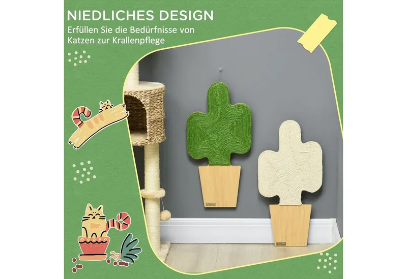 Kratzmatte Katze, 2er Set Katzenkratzbretter aus Juteseil, Katzen Kratzbrett mit Haken, Kratzwand für Katzen im Kakteen-Design, 30 x 60 cm by PawHut in Eiche+Weiß+Grün – product photo 4 of 5
