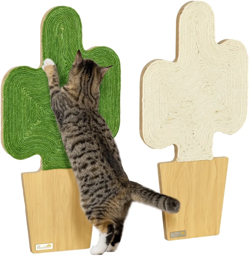 Kratzmatte Katze, 2er Set Katzenkratzbretter aus Juteseil, Katzen Kratzbrett mit Haken, Kratzwand für Katzen im Kakteen-Design, 30 x 60 cm by PawHut in Eiche+Weiß+Grün – product photo 1 of 5