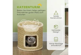 Kratztonne, 37 cm Hoch Katzentonne, Katzenhöhle mit Tür, Katzenhaus, Kratzbaum mit 2 Ebene, Katzenturm, Katzenbett aus Sisal, für Katze bis 5 kg by PawHut in Khaki – product photo 4 of 5