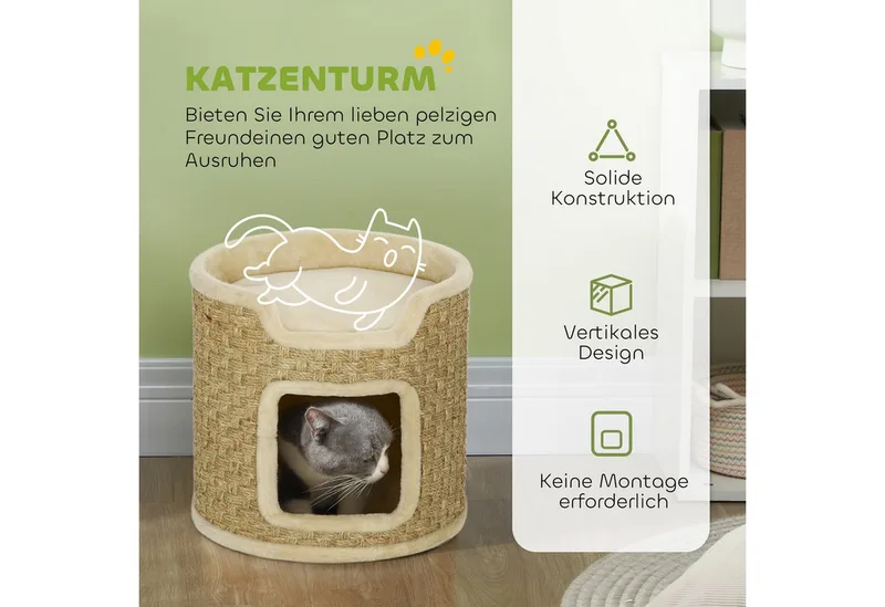 Kratztonne, 37 cm Hoch Katzentonne, Katzenhöhle mit Tür, Katzenhaus, Kratzbaum mit 2 Ebene, Katzenturm, Katzenbett aus Sisal, für Katze bis 5 kg by PawHut in Khaki – product photo 4 of 5