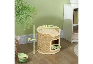 Kratztonne, 37 cm Hoch Katzentonne, Katzenhöhle mit Tür, Katzenhaus, Kratzbaum mit 2 Ebene, Katzenturm, Katzenbett aus Sisal, für Katze bis 5 kg by PawHut in Khaki – product photo 3 of 5