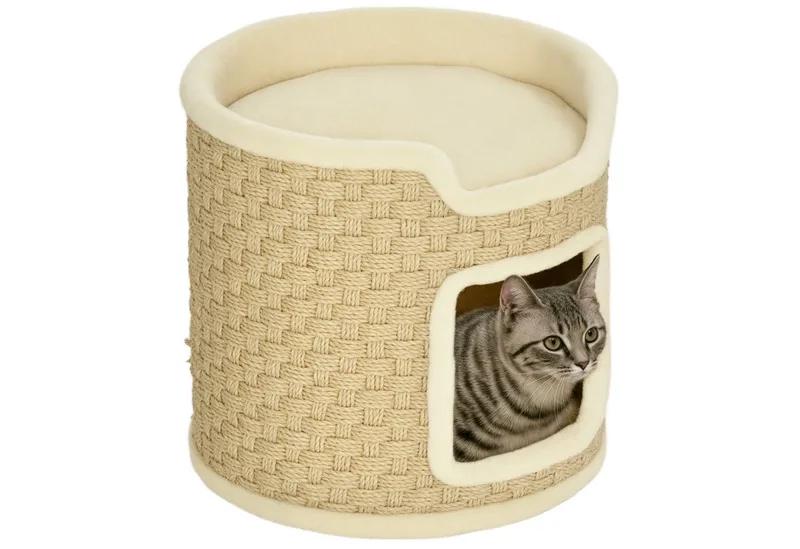 Kratztonne, 37 cm Hoch Katzentonne, Katzenhöhle mit Tür, Katzenhaus, Kratzbaum mit 2 Ebene, Katzenturm, Katzenbett aus Sisal, für Katze bis 5 kg by PawHut in Khaki – product photo 2 of 5