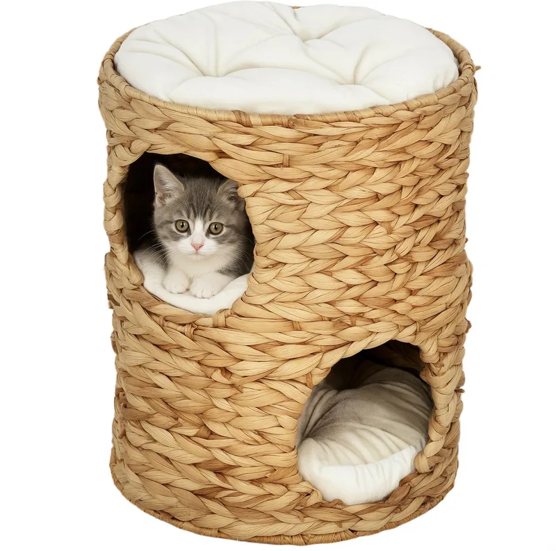 Kratztonne, 50 cm hoch Katzentonne mit 2 Höhle, Kratzbaum mit Kissen, Katzenturm aus Wasserhyazinthe, für Katze bis 3,5 kg, Hellbraun by PawHut in Brown – product photo