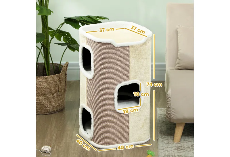 Kratztonne für Katzen Katzenkratzbaum 3 Ebenen Katzenbaum Kletterbaum für Katzen Katzenmöbel Spanplatte samtartiges Polyester Sisal 40 x 40 x 74 cm by PawHut in Beige+Weiß – product photo 3 of 5