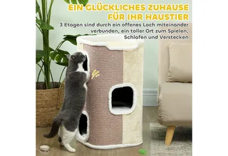 Kratztonne für Katzen Katzenkratzbaum 3 Ebenen Katzenbaum Kletterbaum für Katzen Katzenmöbel Spanplatte samtartiges Polyester Sisal 40 x 40 x 74 cm by PawHut in Beige+Weiß – product photo 4 of 5
