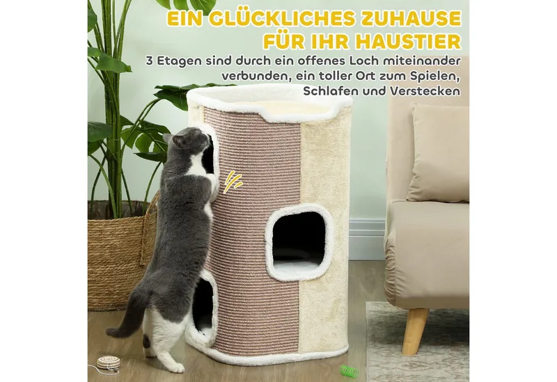 Kratztonne für Katzen Katzenkratzbaum 3 Ebenen Katzenbaum Kletterbaum für Katzen Katzenmöbel Spanplatte samtartiges Polyester Sisal 40 x 40 x 74 cm by PawHut in Beige+Weiß – product photo 4 of 5