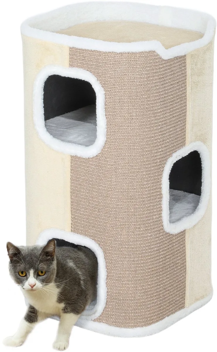 Kratztonne für Katzen Katzenkratzbaum 3 Ebenen Katzenbaum Kletterbaum für Katzen Katzenmöbel Spanplatte samtartiges Polyester Sisal 40 x 40 x 74 cm by PawHut in Beige+Weiß – product photo 1 of 5