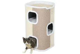 Kratztonne für Katzen Katzenkratzbaum 3 Ebenen Katzenbaum Kletterbaum für Katzen Katzenmöbel Spanplatte samtartiges Polyester Sisal 40 x 40 x 74 cm by PawHut in Beige+Weiß – product photo 2 of 5
