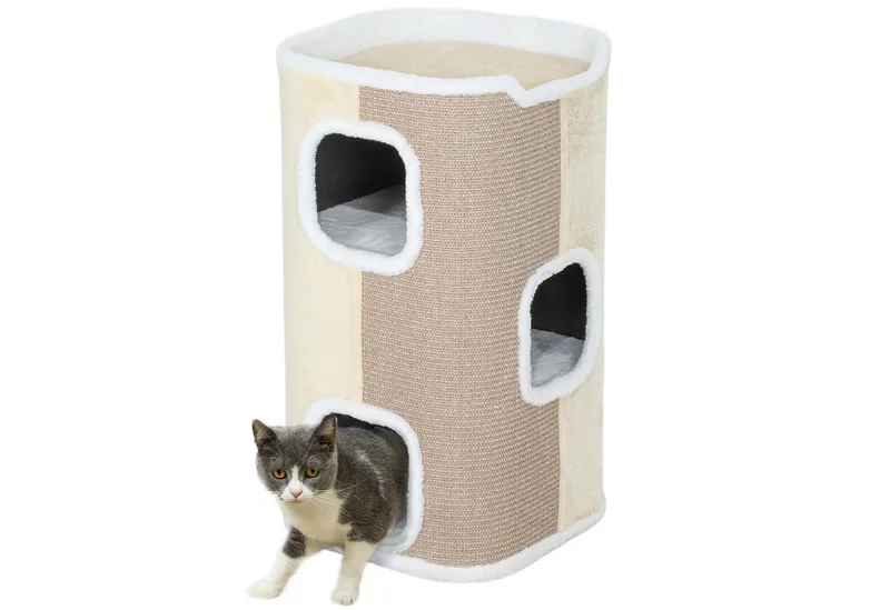 Kratztonne für Katzen Katzenkratzbaum 3 Ebenen Katzenbaum Kletterbaum für Katzen Katzenmöbel Spanplatte samtartiges Polyester Sisal 40 x 40 x 74 cm by PawHut in Beige+Weiß – product photo 2 of 5