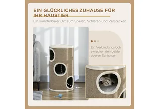 Kratztonne, Höhe 70 cm, Spieltonne für Katzen, 3 Ebenen, Katzenkratzbaum mit 3 Höhlen, Katzenbaum, Kratzturm aus Sisal, Katzenmöbel, Plüsch von PawHut in Braun – Produktfoto 4 von 5