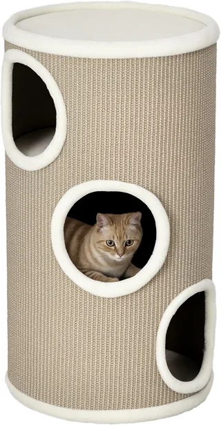Kratztonne, Höhe 70 cm, Spieltonne für Katzen, 3 Ebenen, Katzenkratzbaum mit 3 Höhlen, Katzenbaum, Kratzturm aus Sisal, Katzenmöbel, Plüsch von PawHut in Braun – Produktfoto 1 von 5