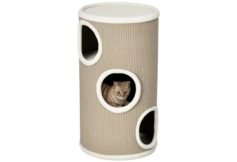 Kratztonne, Höhe 70 cm, Spieltonne für Katzen, 3 Ebenen, Katzenkratzbaum mit 3 Höhlen, Katzenbaum, Kratzturm aus Sisal, Katzenmöbel, Plüsch von PawHut in Braun – Produktfoto 2 von 5